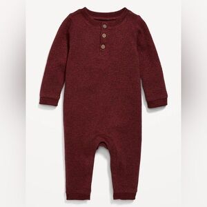 Unisex Long-Sleeve Sweater-Knit Henley One-Piece for Baby red